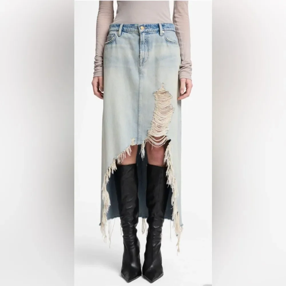 7 For All Mankind Denim Midi Skirt in Peaches Distressed Light Wash Size 27 NWT